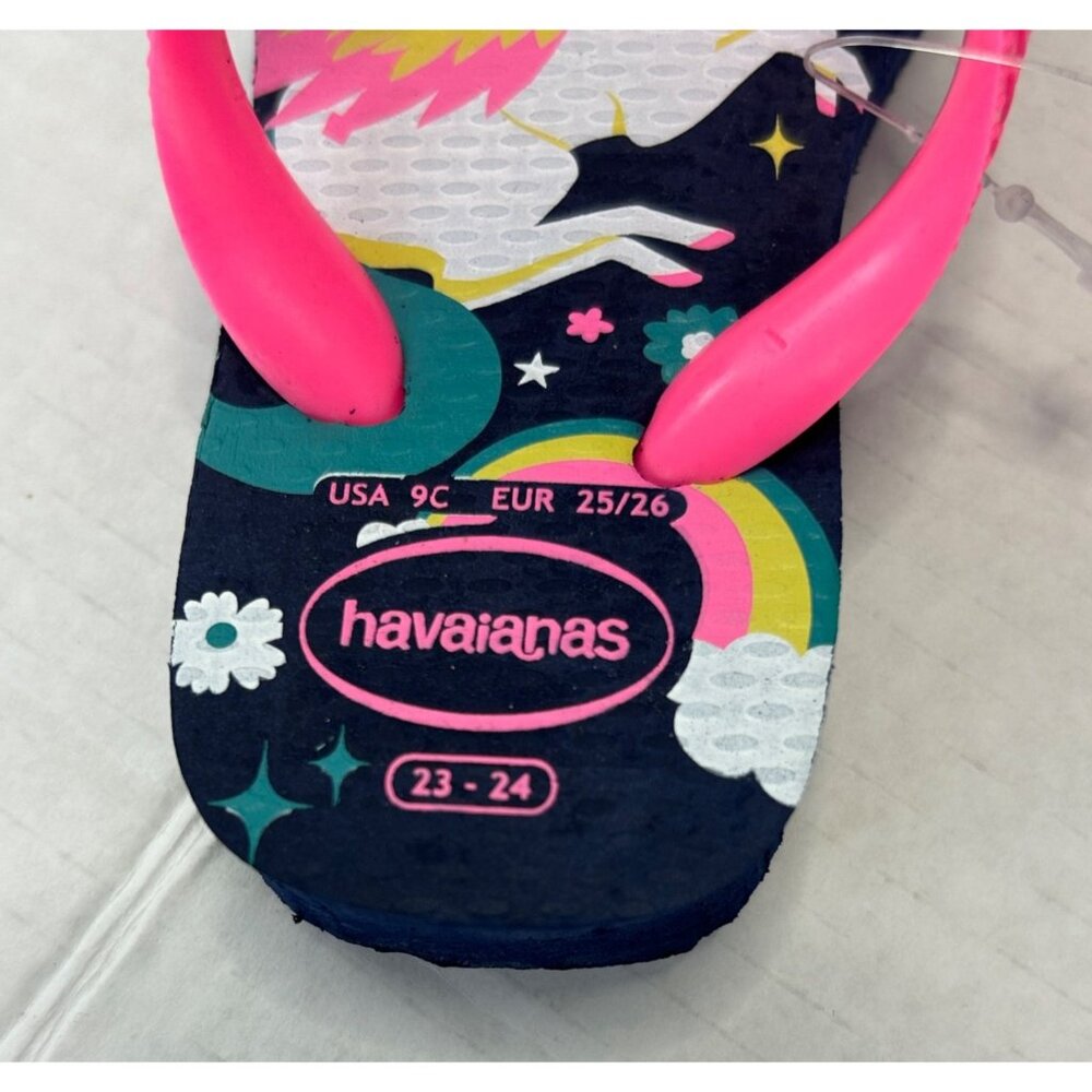 Havaianas Unicorn Charm Fantasy Girls Slide Thong Kids Flip Flops Blue Pink New - Picture 6 of 9